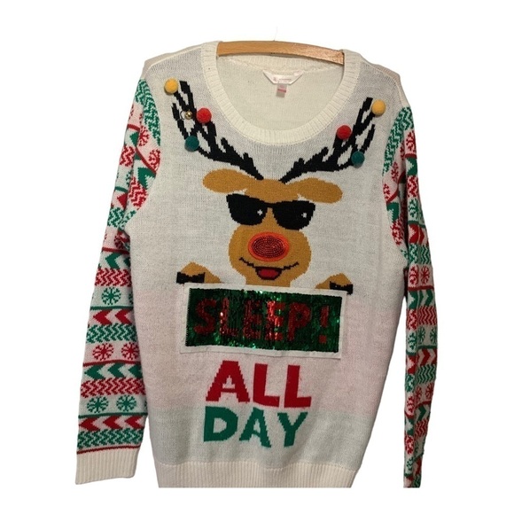 No Boundaries White Sequined Reindeer Christmas Graphic Sweater XXL SALE - Picture 6 of 13